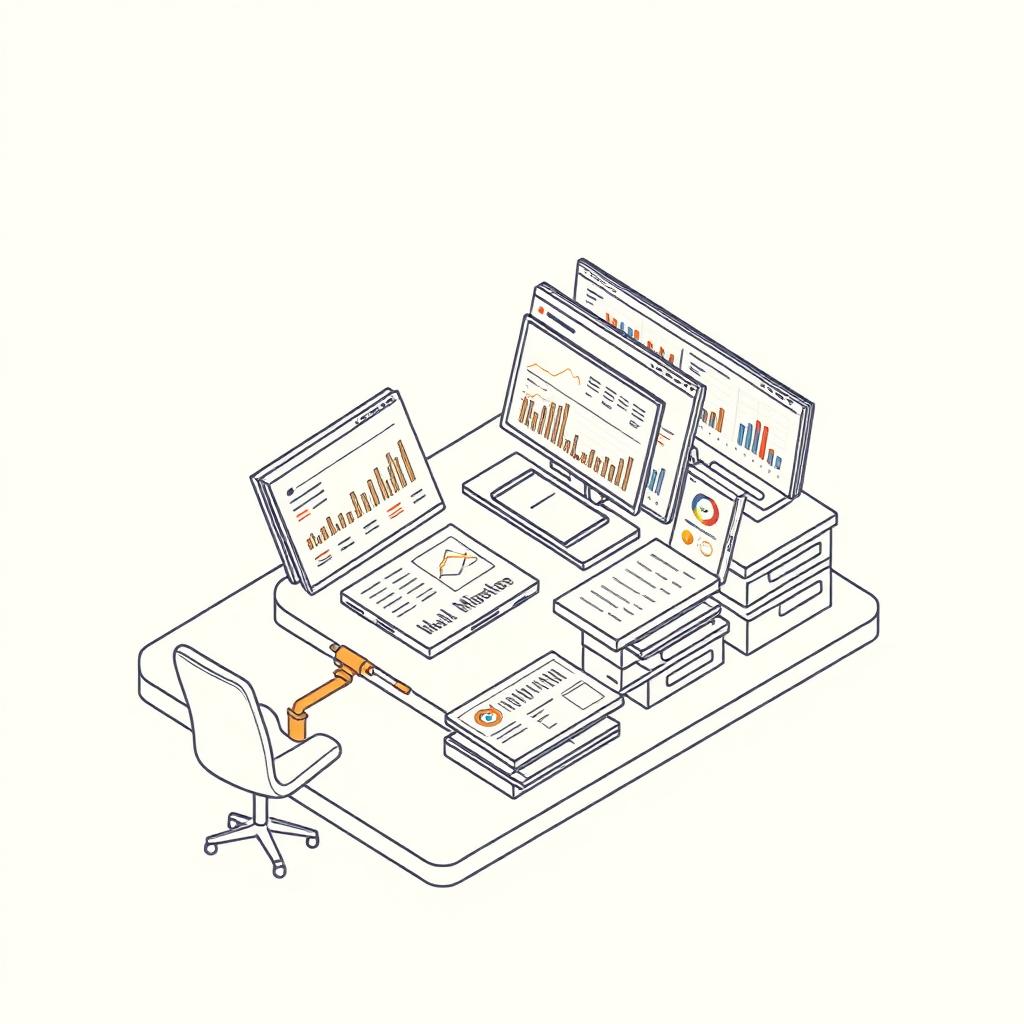 Editorial isometric line drawing of an agency workspace with stacked client dashboards flowing into a single automated reporting pipeline on an ivory background.