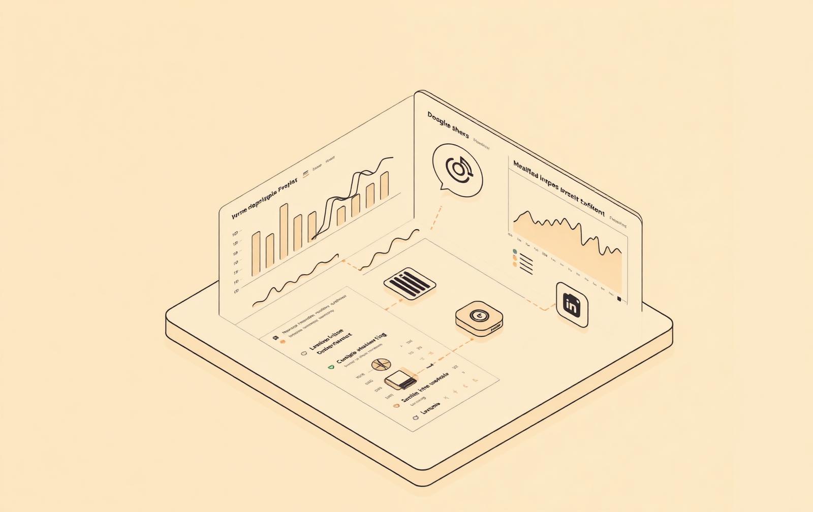 Editorial isometric illustration of an AI reporting dashboard aggregating data from Google Ads, Meta Ads, LinkedIn, and GA4.