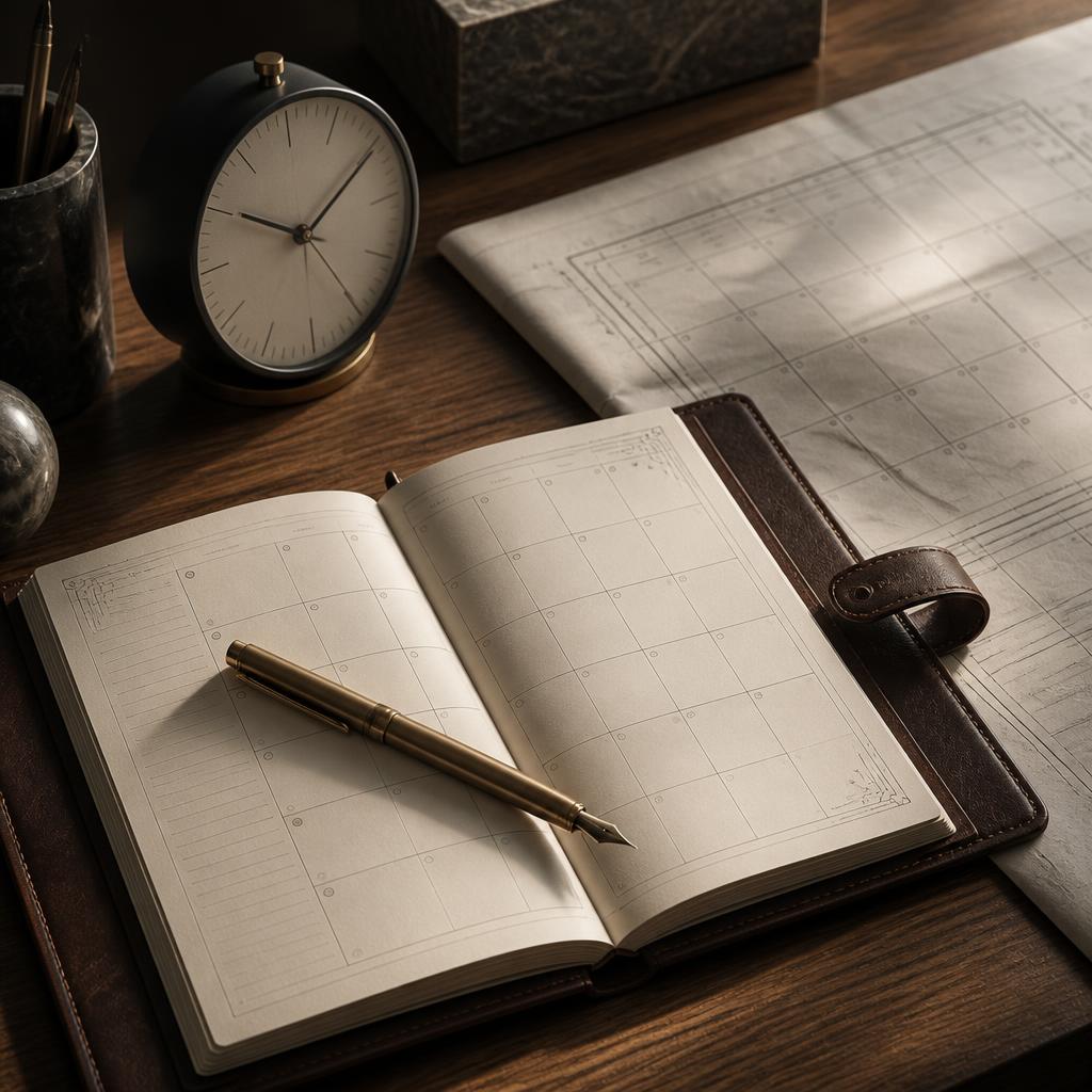 Editorial still life of an open leather appointment book with a brass fountain pen resting across it, a minimalist analog clock, and a folded blueprint of a calendar grid on a warm oak desk.