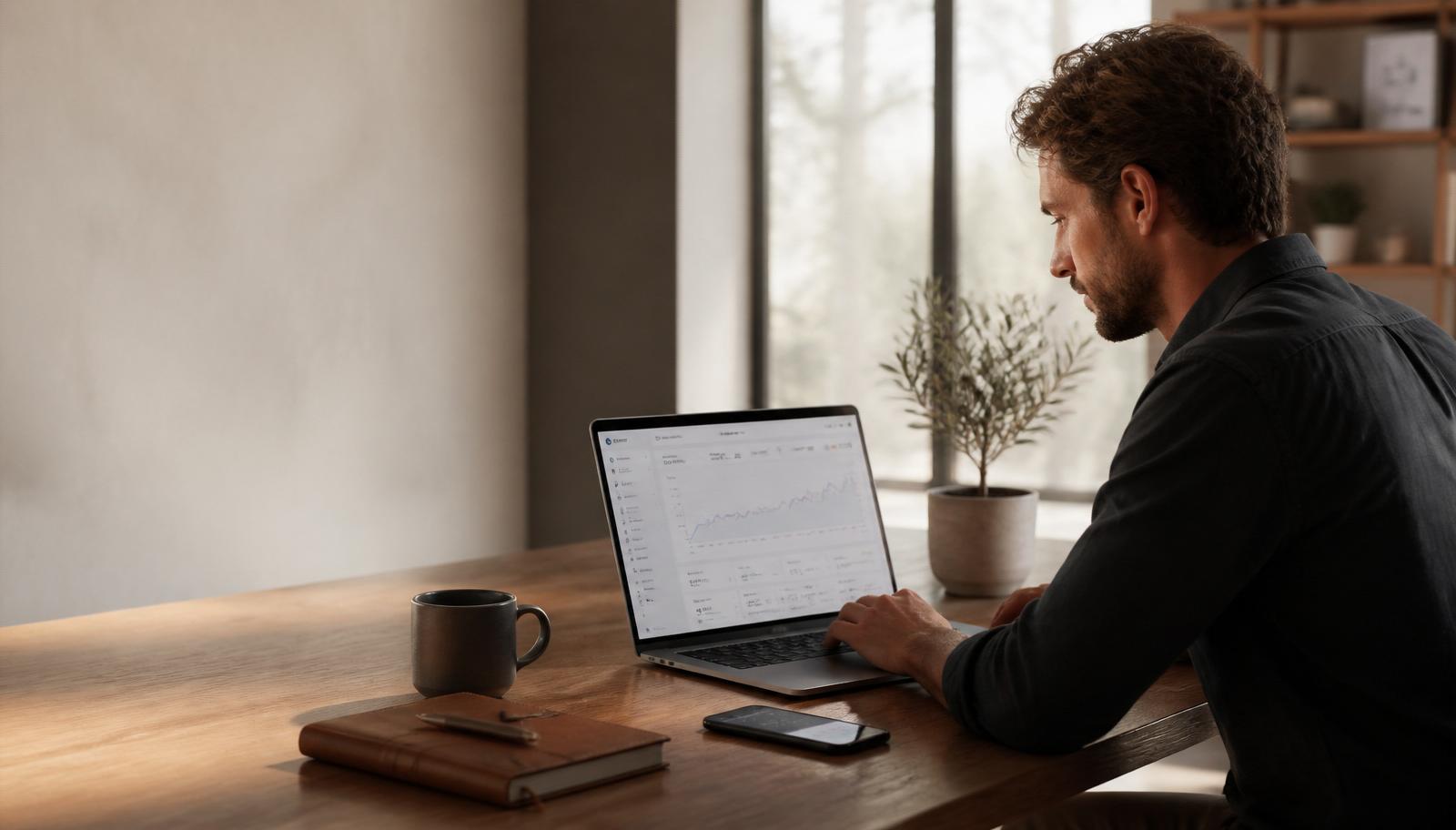 A small business owner working at a warm walnut desk in a boutique modern office, laptop open to a minimal analytics dashboard, phone with a message notification, leather notebook and coffee — the calm operating picture of a well-automated small business.