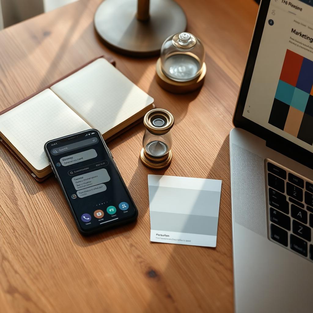 Editorial still life of a smartphone showing a messaging thread, a leather notebook, a brass hourglass, and a laptop with a CRM pipeline — the tools of a modern agency follow-up stack.