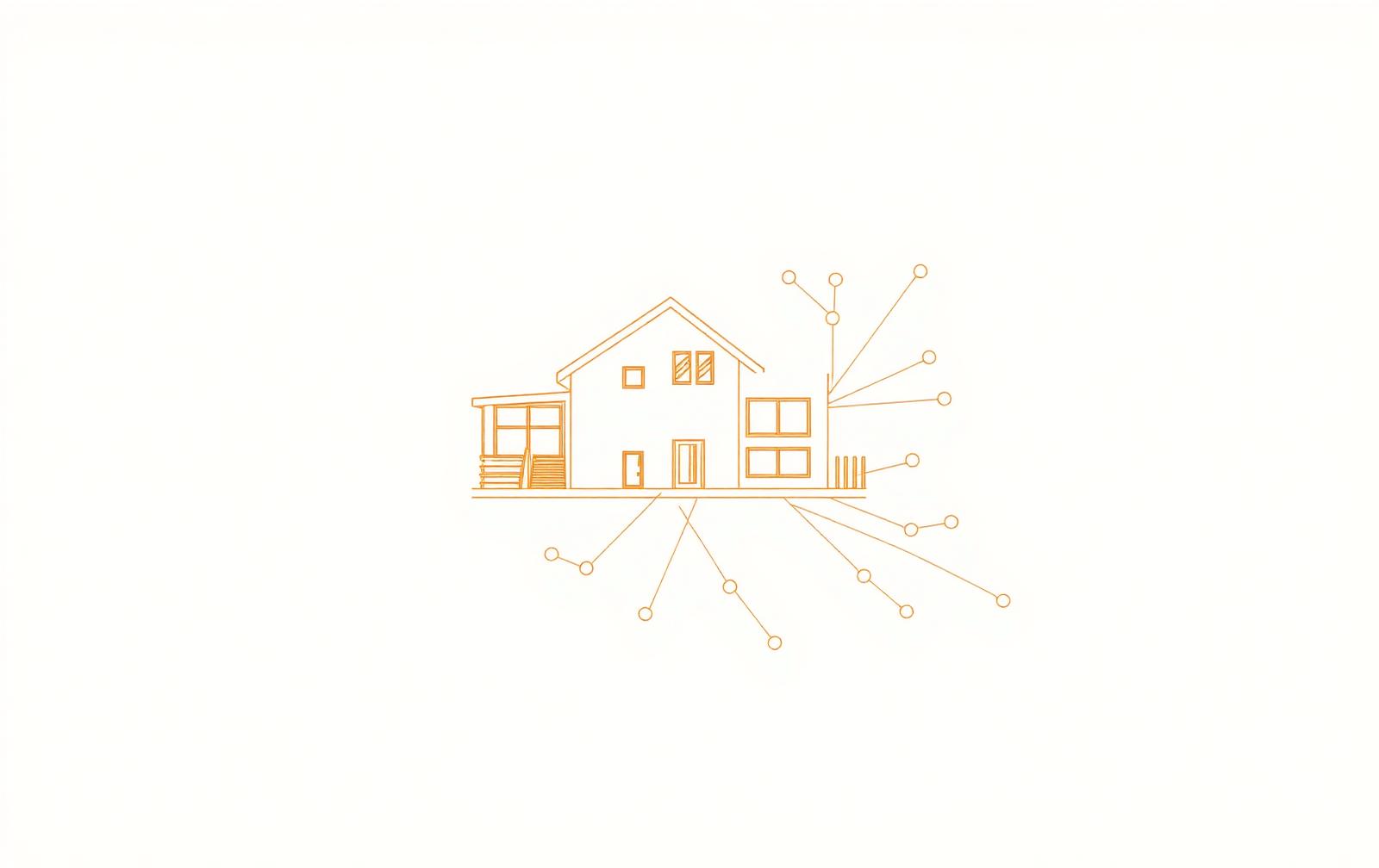 Editorial line drawing of a modern home intersecting with a network of AI workflow nodes on an ivory background.