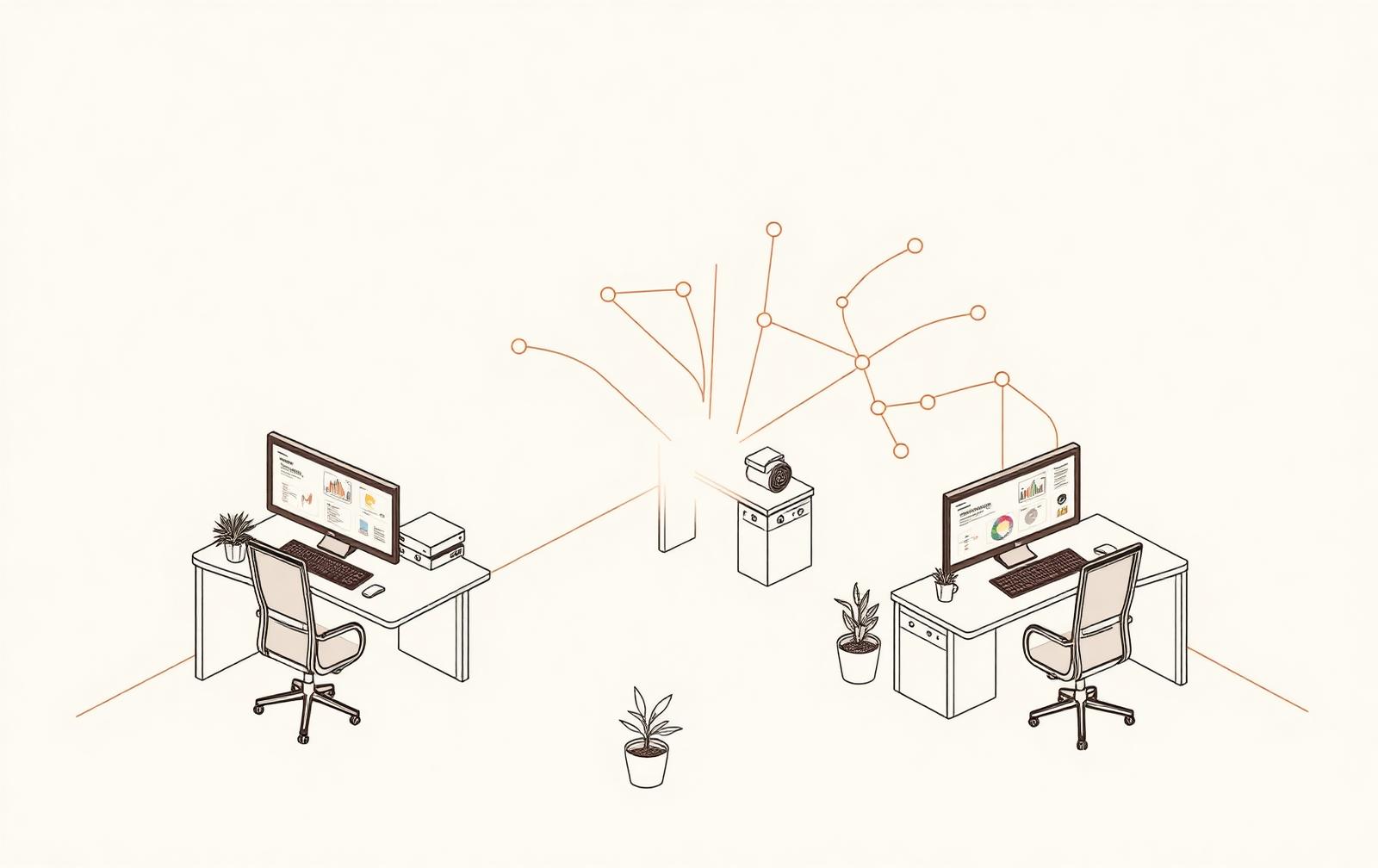 Editorial isometric line drawing of a modern marketing agency workspace — two desks with campaign dashboards linked by bronze workflow nodes representing AI marketing automation on an ivory background.