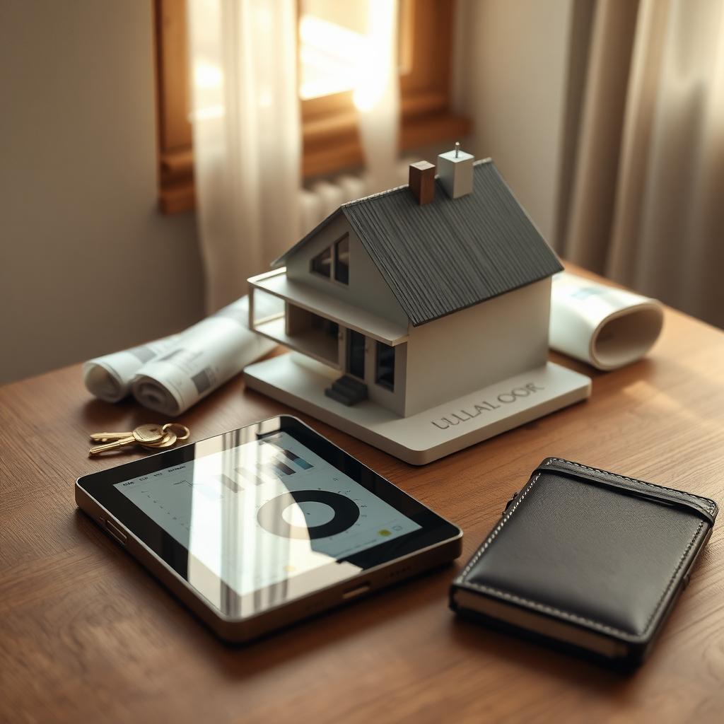 Editorial still life of a modern architectural house model, brass keys, blueprints, and a tablet showing an analytics dashboard on a warm oak desk.