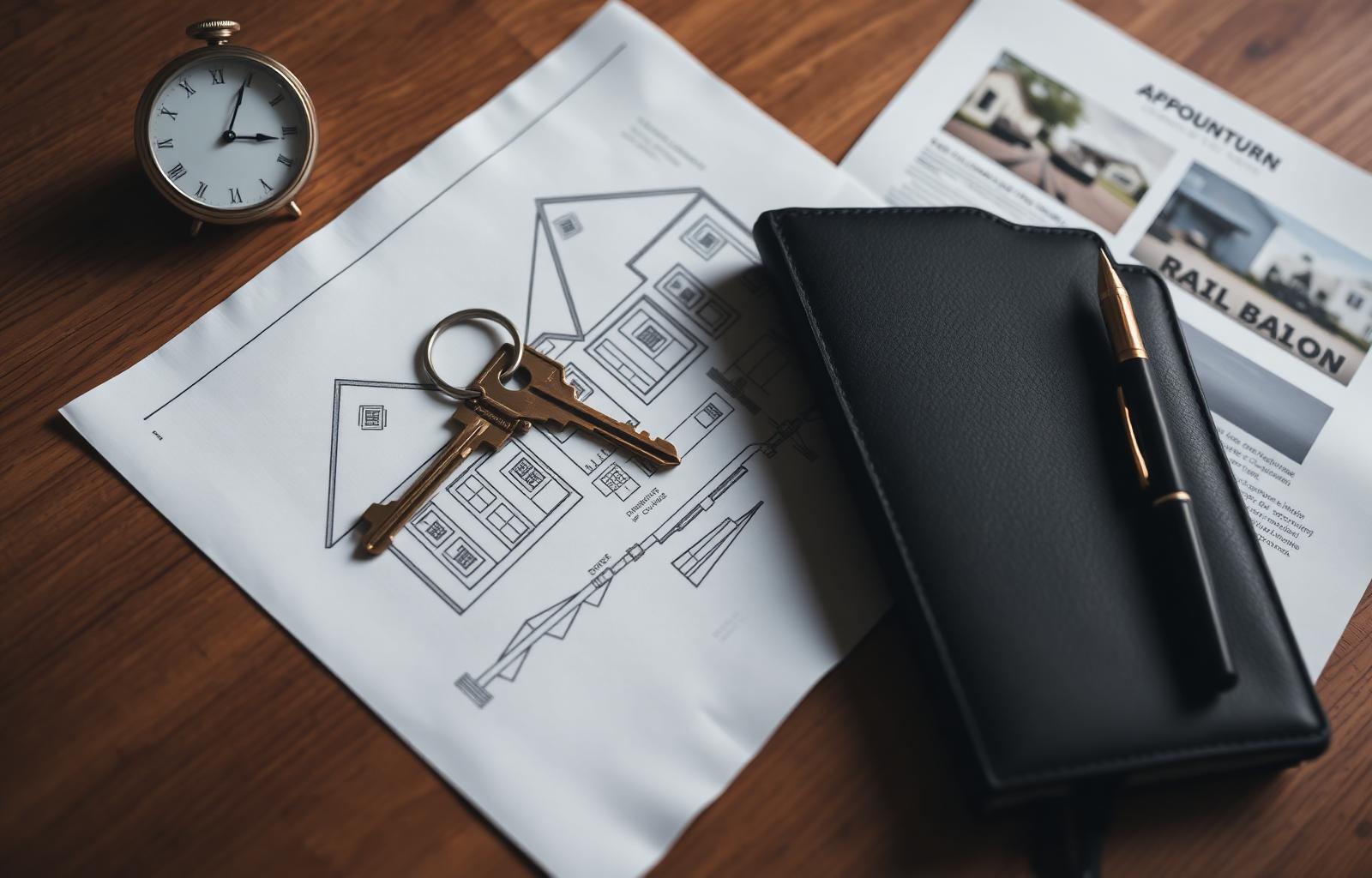 Editorial still life with a brass house key resting on a hand-drawn architectural blueprint, a leather appointment book, a small analog clock, and a folded property listing on a warm oak desk.