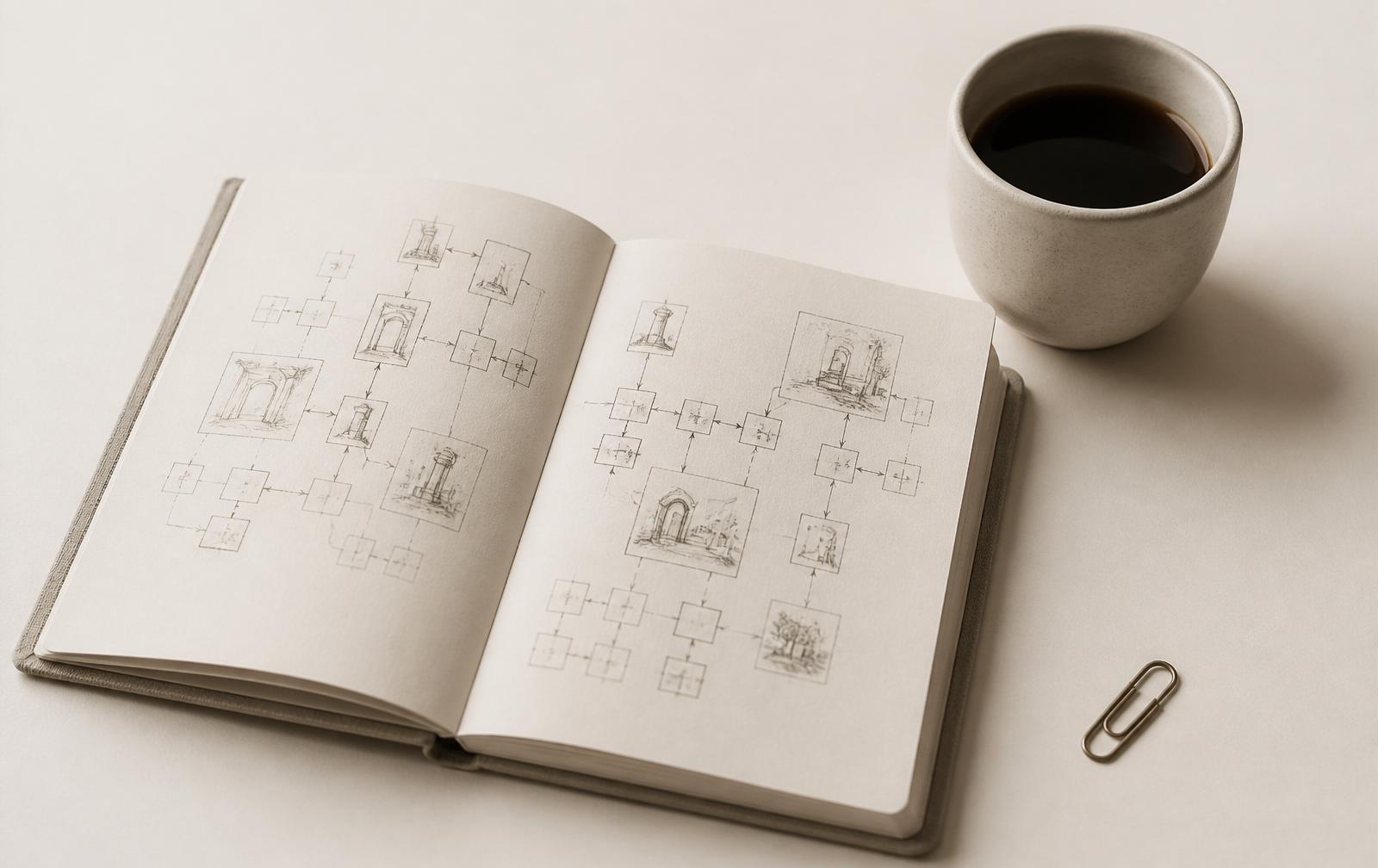 Open linen notebook with hand-drawn system diagrams beside a ceramic cup of black coffee.