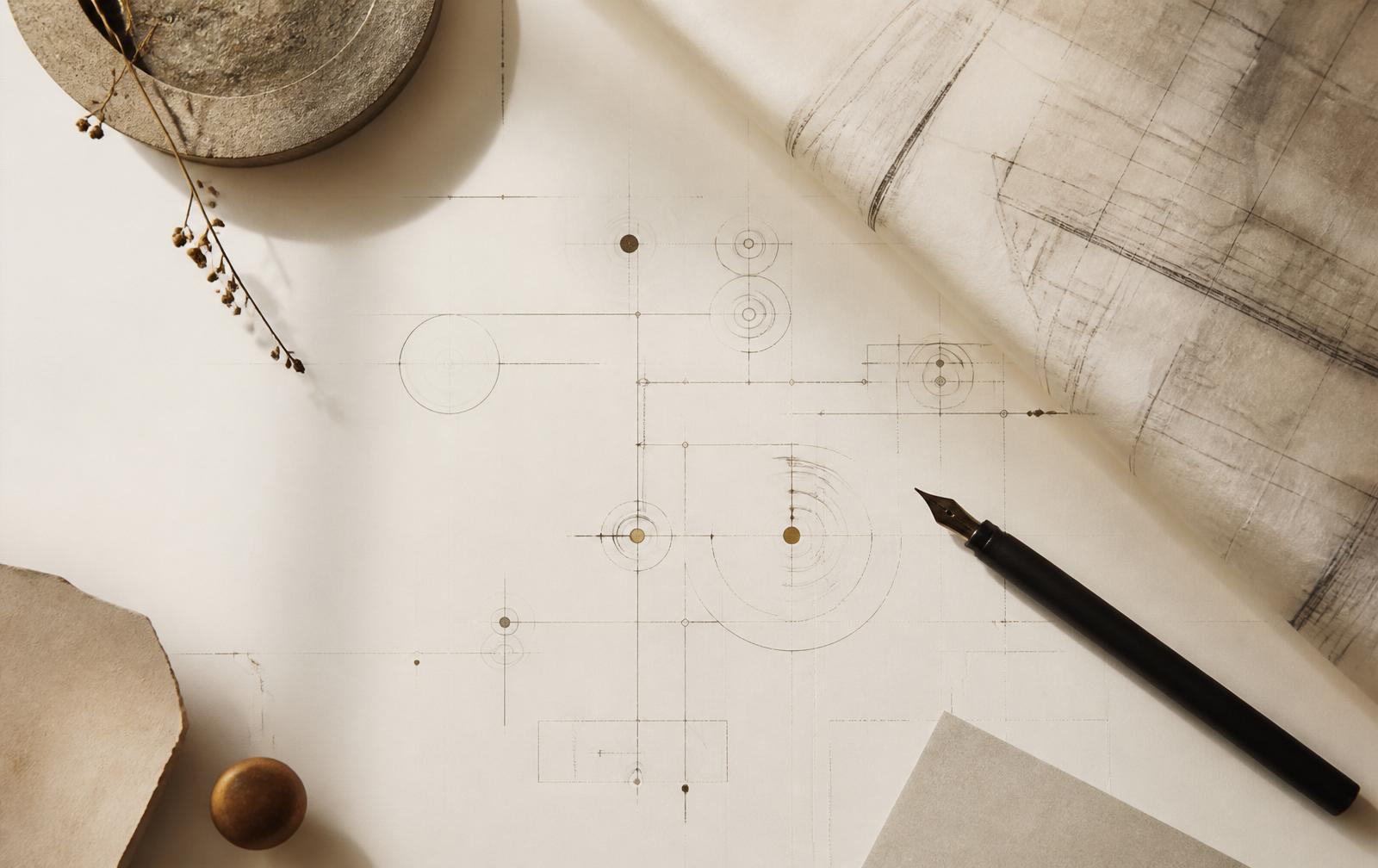 Architectural blueprint of an AI system diagram with a fountain pen on ivory paper.