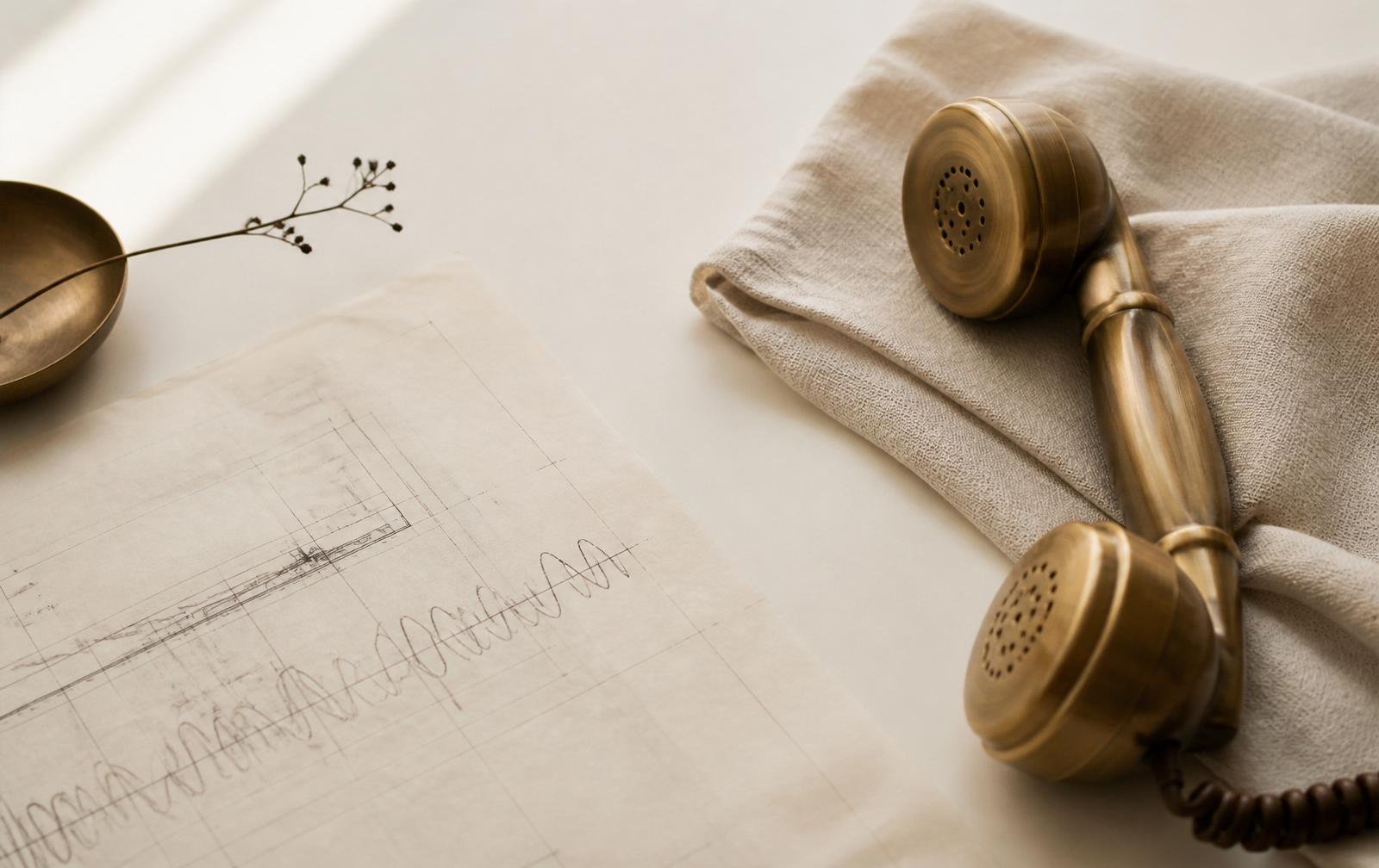 Brass vintage telephone handset on linen beside a blueprint with waveform sketches.