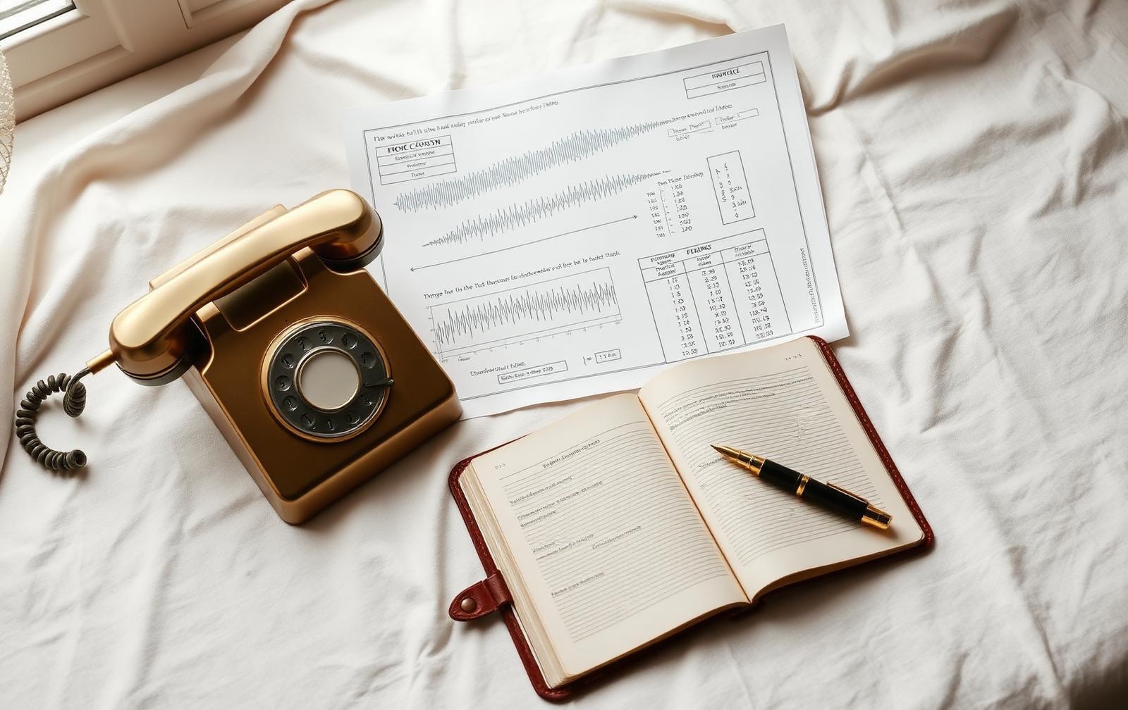 Editorial still life of a brass vintage telephone beside a blueprint of voice waveforms and a pricing ledger.