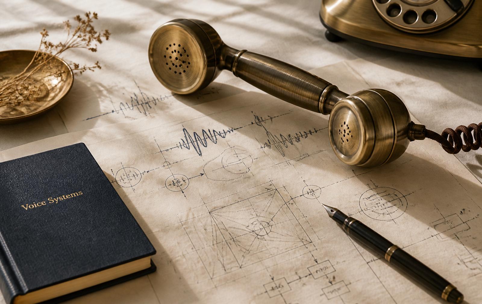 Editorial still life of a brass rotary telephone handset resting on a hand-drawn blueprint of voice waveforms and system flow diagrams, beside a hardcover notebook labeled 'Voice Systems' and a fountain pen.